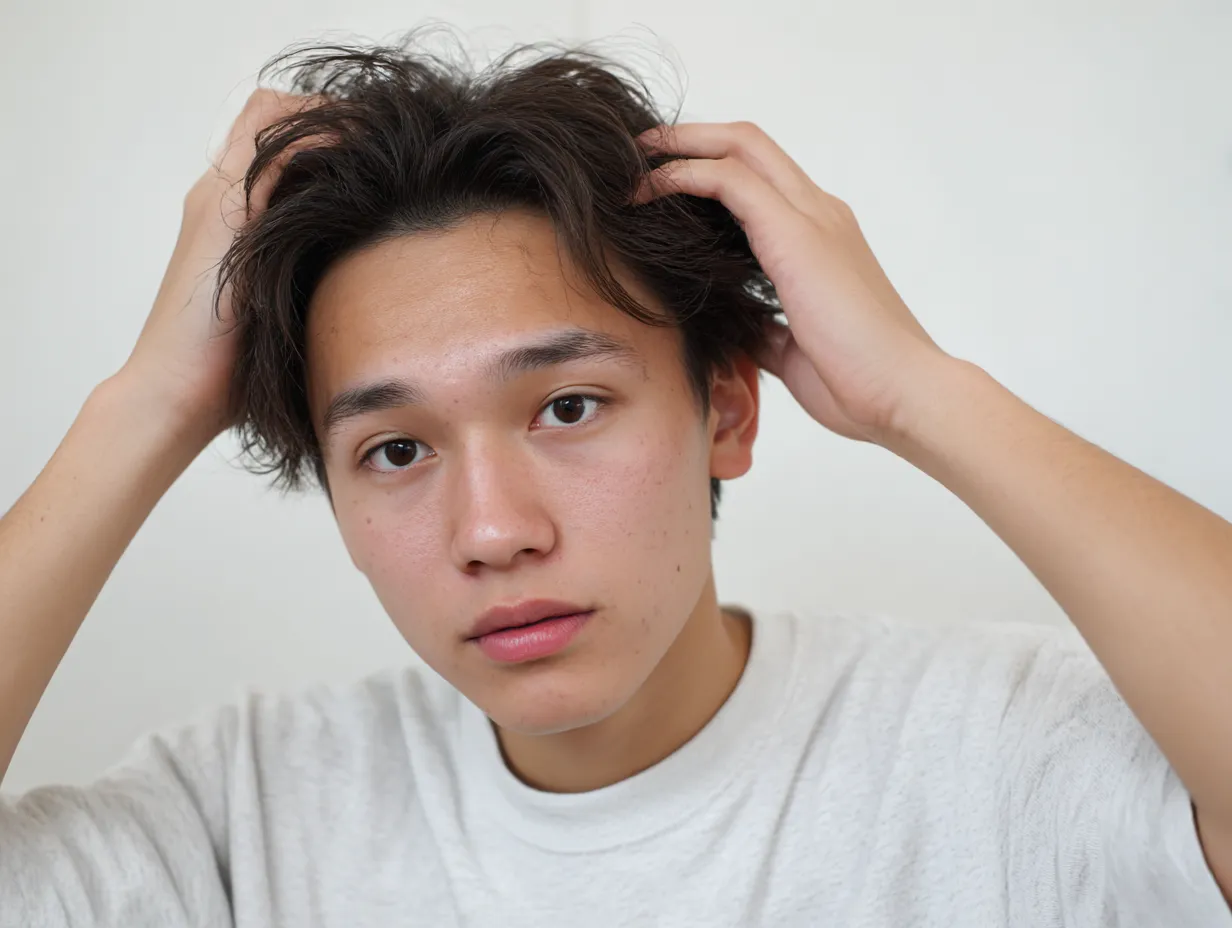 見つめながら髪を触る男性｜真正面から視線を向けつつ髪を触る男性の姿が捉えられる。やや乱れた髪と真っ直ぐな瞳の対比が、素朴なリアル感と若々しい印象を強めている。