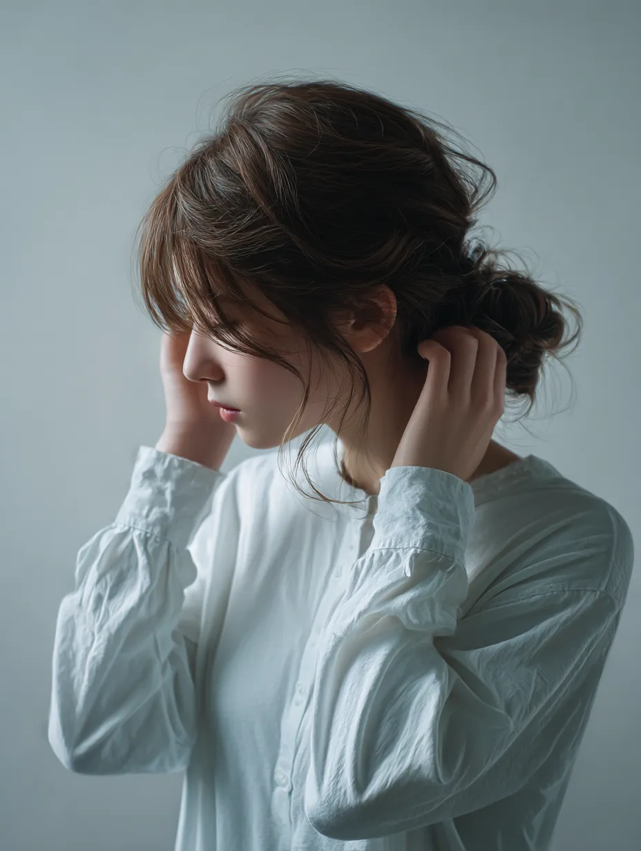 髪を耳にかける横顔｜柔らかな光を浴びる中、髪を耳にかける女性の横顔が静かな印象を漂わせる。モデルの仕草は自然で、シンプルなポーズが繊細な表情を引き立てている。髪の流れと衣服の質感が構図に調和し、落ち着いた美しさを演出している。
