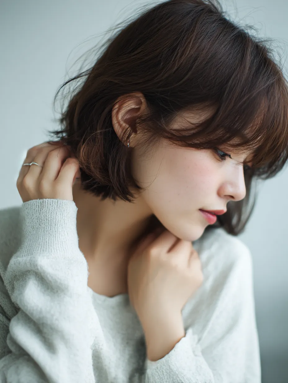髪を耳にかける仕草｜視線を落としながら髪を耳にかける女性の仕草が印象的な一枚。モデルの柔らかな表情とポーズが清楚な雰囲気を作り出している。淡い色調と柔らかい光が、細やかな髪の動きや肌の質感をより際立たせ、内面的な静けさを伝えている。