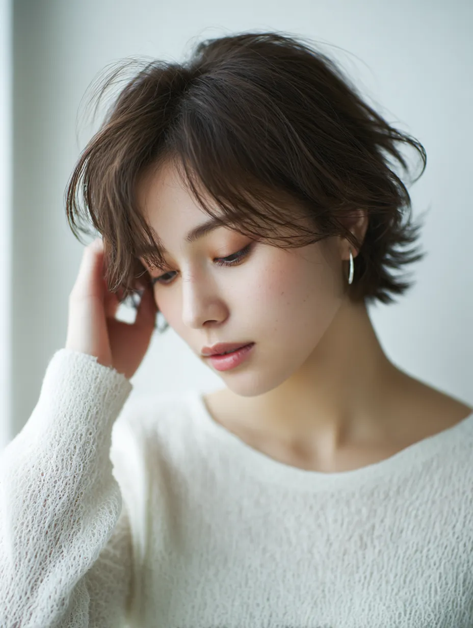 髪を耳にかける表情｜髪を耳にかける女性の表情は、静かな余韻を残すように映っている。モデルの自然なポーズがもたらす曲線が柔らかく、肌の透明感と髪の繊細な動きが画面全体を引き立てる。柔らかい色合いが落ち着いた魅力を添えている。