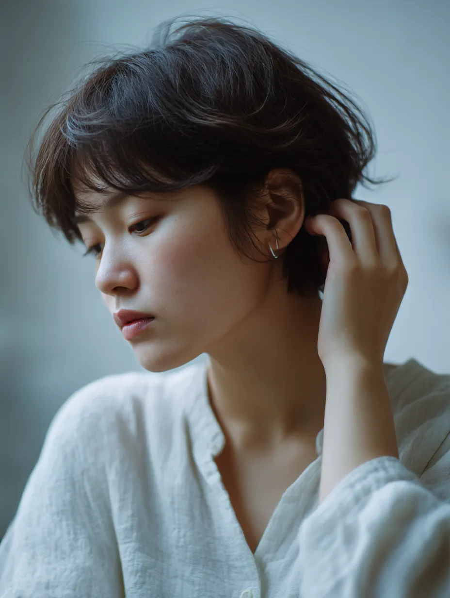 髪を耳にかける横姿｜耳元に指を添え髪を耳にかける女性の横姿が印象的に描かれている。モデルのポーズは優美で、落ち着いた佇まいが清らかな雰囲気を漂わせる。衣服の自然な皺や髪の流れが構図にリズムを生み、穏やかな時間の気配を伝えている。