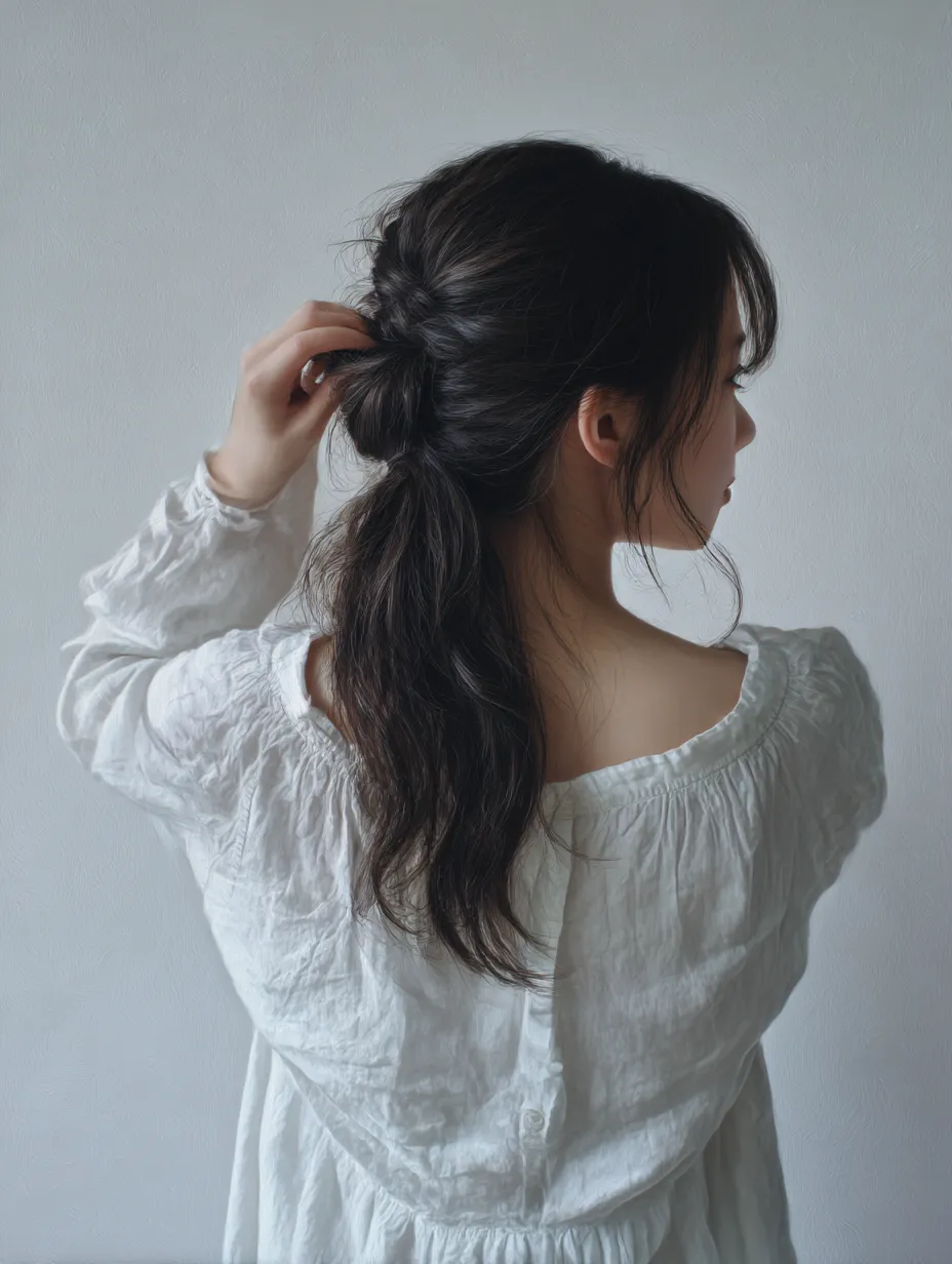 髪を結ぶ後ろ姿｜柔らかな布地の白い服とともに映る女性が髪を結ぶ後ろ姿。モデルの手の動きが自然で、シンプルなポーズが髪の質感と肩のラインを際立たせる。落ち着いた色調が穏やかな雰囲気を醸し出している。