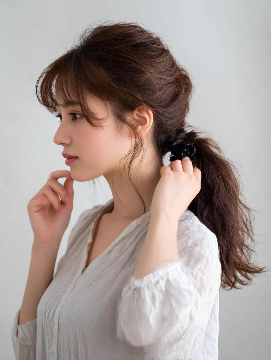 髪を結ぶ横顔｜横顔に差し込む光の中で髪を結ぶ女性の姿が印象的に描かれている。モデルのポーズは凛としつつも柔らかさを残し、髪の流れと表情が清楚な印象を与える。白い服が明るさを引き立てている。