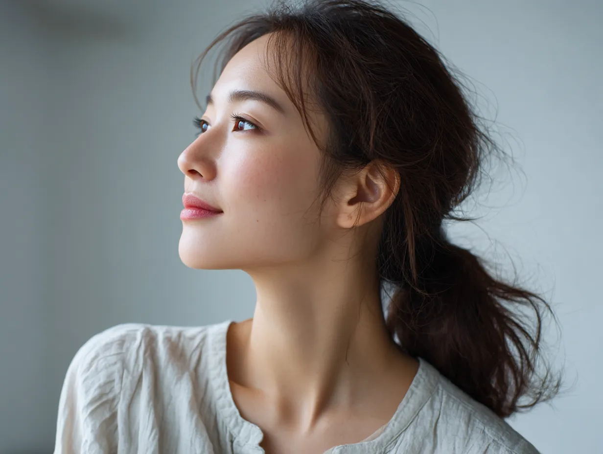 かわいい横顔の綺麗な微笑｜柔らかく持ち上がった口元が印象的なかわいい横顔は、光を受けた頬の質感と髪の揺れが調和し、温かな微笑の余韻を描き出している。