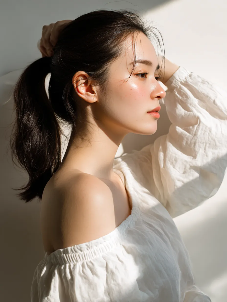 髪を結ぶ瞬間｜朝の光に包まれながら髪を結ぶ女性の姿が切り取られている。モデルの後ろ姿は柔らかな輪郭を描き、ポーズ全体が透明感を漂わせる。自然光と衣服の陰影が調和し、清らかな雰囲気を描き出している。