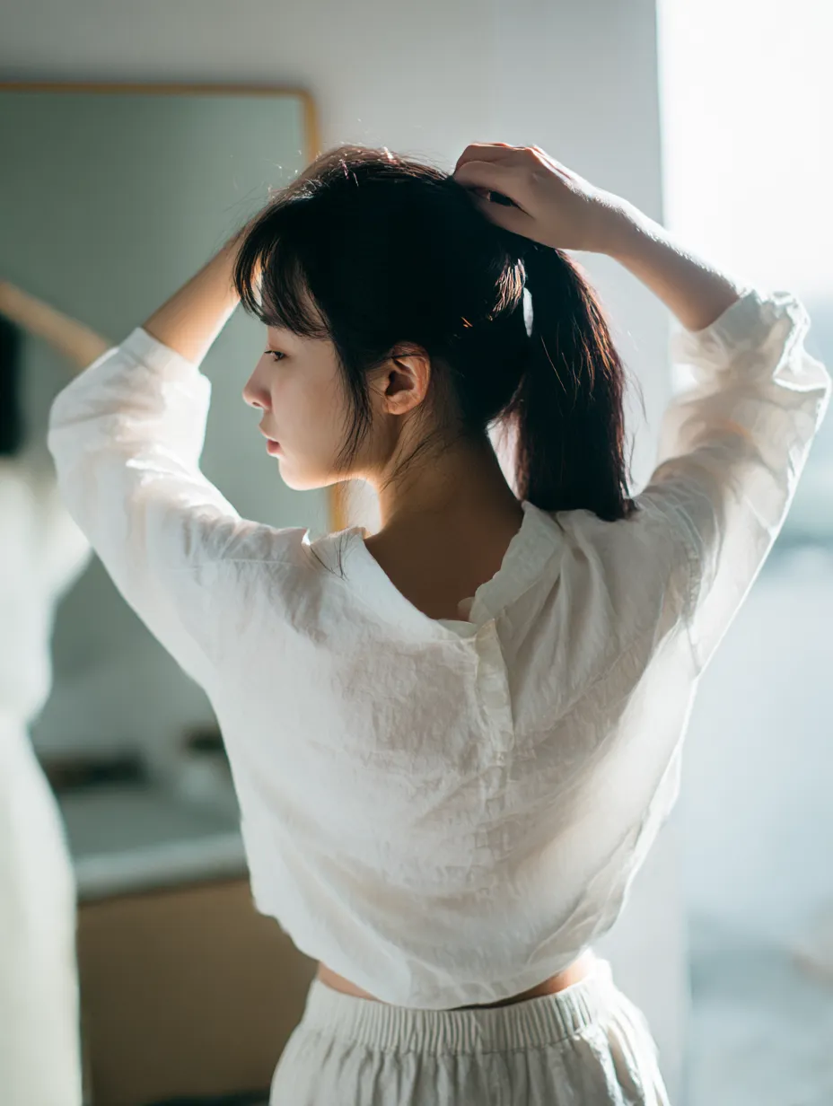 髪を結ぶ光景｜差し込む光に照らされながら髪を結ぶ女性の光景が印象的に映る。モデルの仕草は伸びやかで、ポーズが放つ自然な美しさが際立っている。髪の艶やかさと白い服の質感が場面に静かな輝きを添えている。