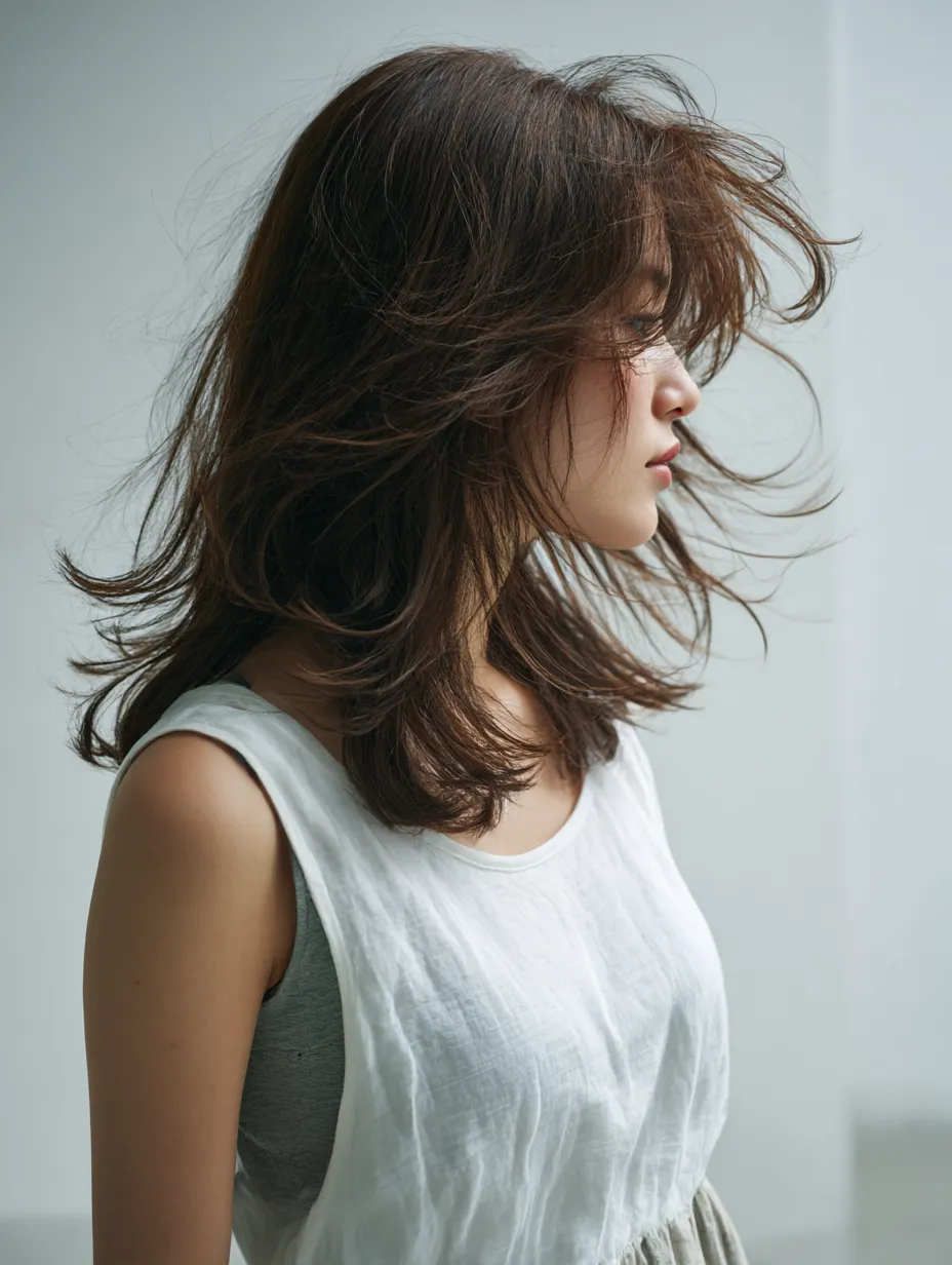 なびく髪と沈思｜風に揺れる髪が女性の輪郭を際立たせ、沈思するような横顔を際立たせている。モデルの自然なポーズと髪の重なりが奥行きを生み、画面に静けさと動きの両方を宿している。