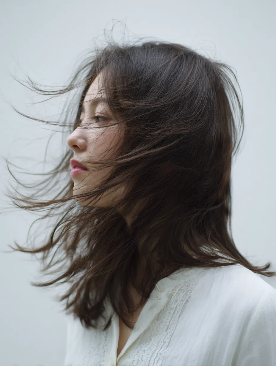 なびく髪の横姿｜舞う髪が画面全体に広がり、女性の横姿を際立たせている。モデルの落ち着いた表情とポーズが調和し、髪の一本一本が風の存在を伝える。白い衣装が清廉な雰囲気を強調している。