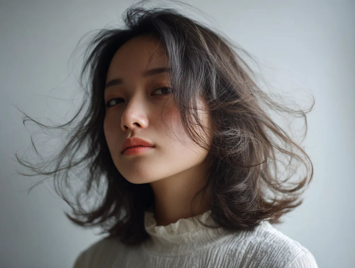 なびく髪と眼差し｜視線を向ける女性の表情に、なびく髪が生き生きとした躍動感を添えている。モデルの自然なポーズが、柔らかな風と共鳴し、画面に流れるようなリズムを生んでいる。
