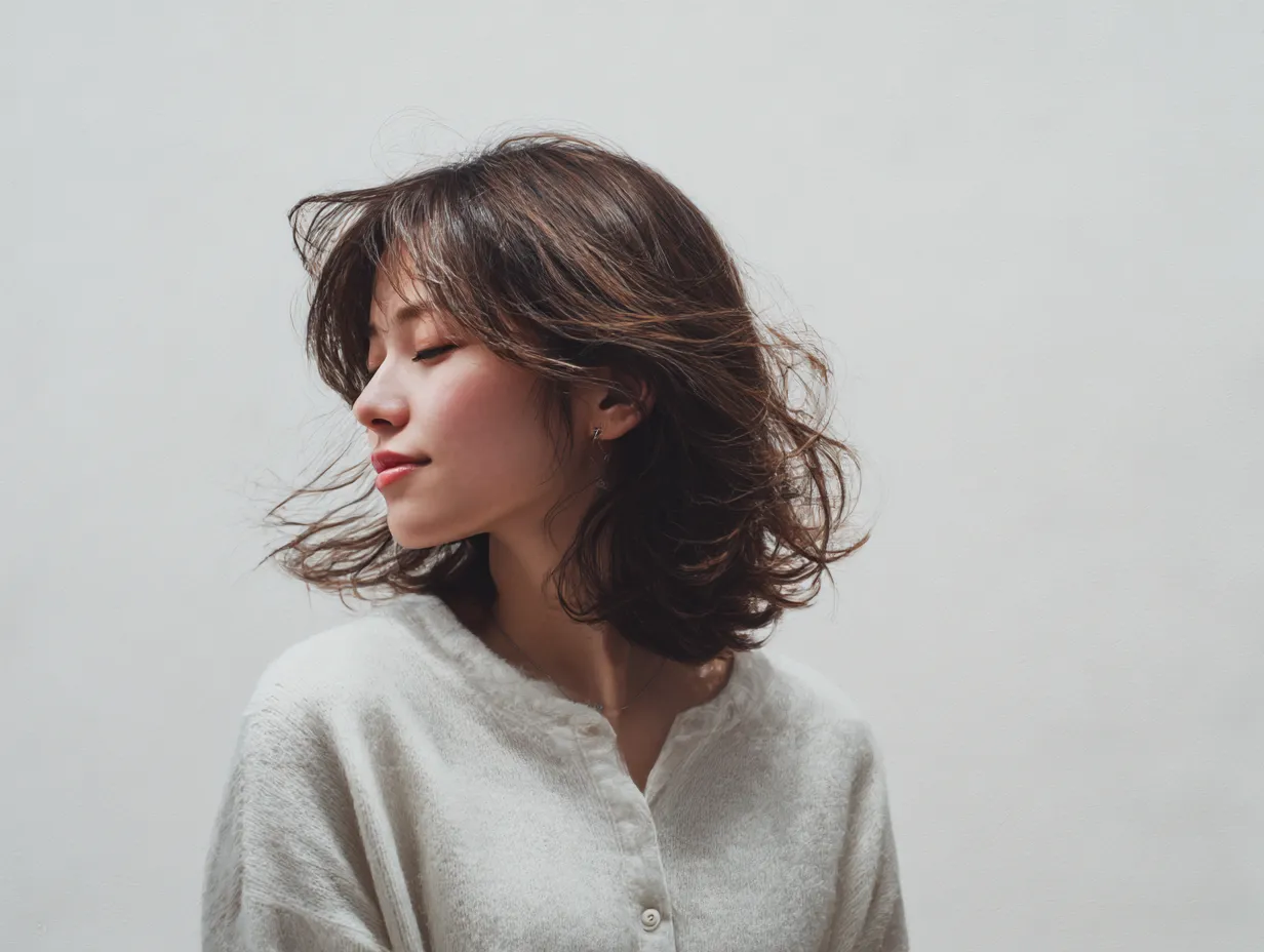 なびく髪と微笑｜閉じた瞼と微かな微笑が、なびく髪の動きと対照的に映える。モデルの横顔とポーズはしなやかで、髪の流れが軽やかに周囲を彩り、全体に静かな幸福感を漂わせている。