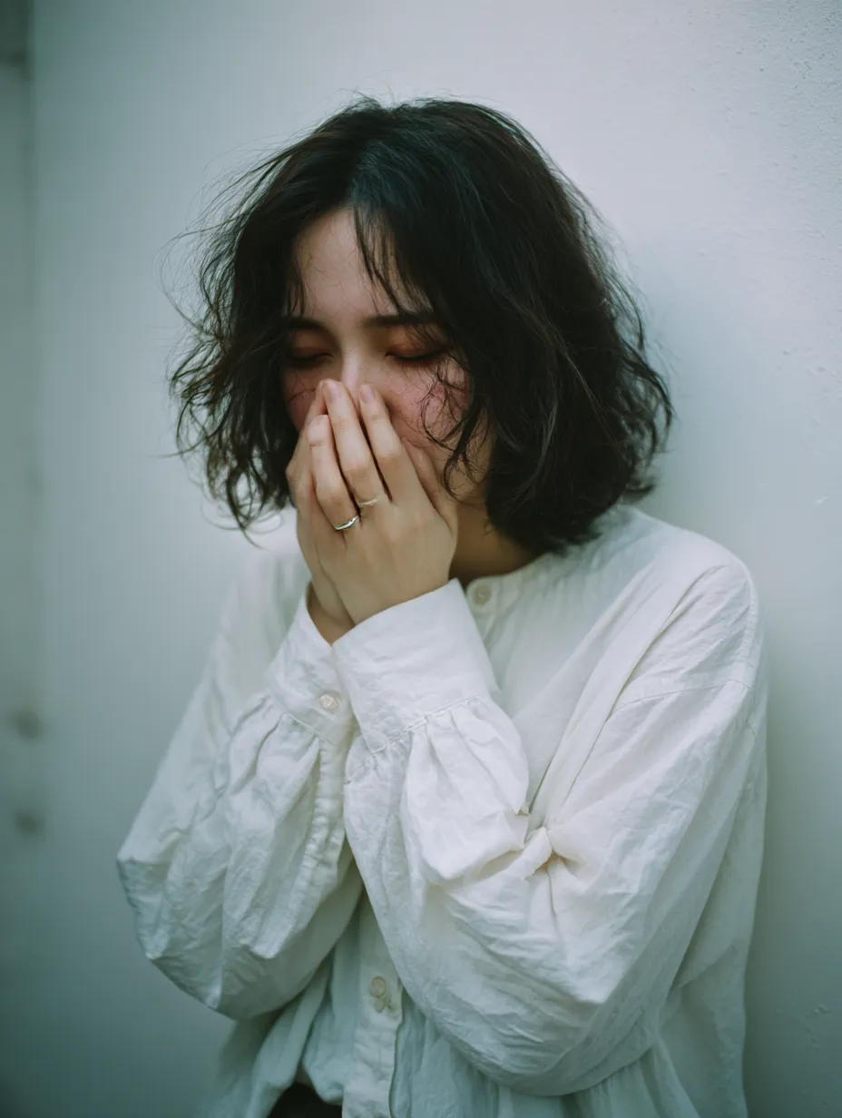 鼻痛いと涙ぐむ｜鼻痛い仕草を見せる女性の姿が印象的に描かれている。モデルは目を閉じ、両手で顔を覆うポーズが切実さを際立たせ、衣服の柔らかな質感と光の陰影が感情の深みを映し出している。