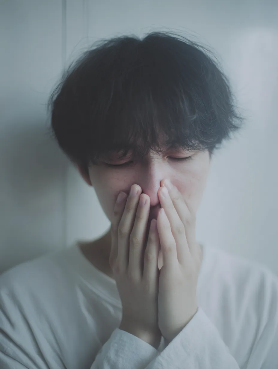 鼻痛いと苦悶｜鼻痛い様子を示す男性のポーズが、静かな光の中で捉えられている。モデルは目を閉じ、両手で口元から鼻を覆う仕草が印象的で、背景の淡さが感情の内向性を引き立てている。