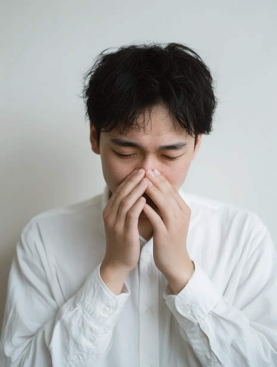 鼻痛い表情｜鼻痛い表情を浮かべた男性の姿が正面から描かれている。モデルは両手で鼻を覆いながら目を閉じ、ポーズ全体が抑制された雰囲気を漂わせる。白い衣服が構図に清らかさを添えている。