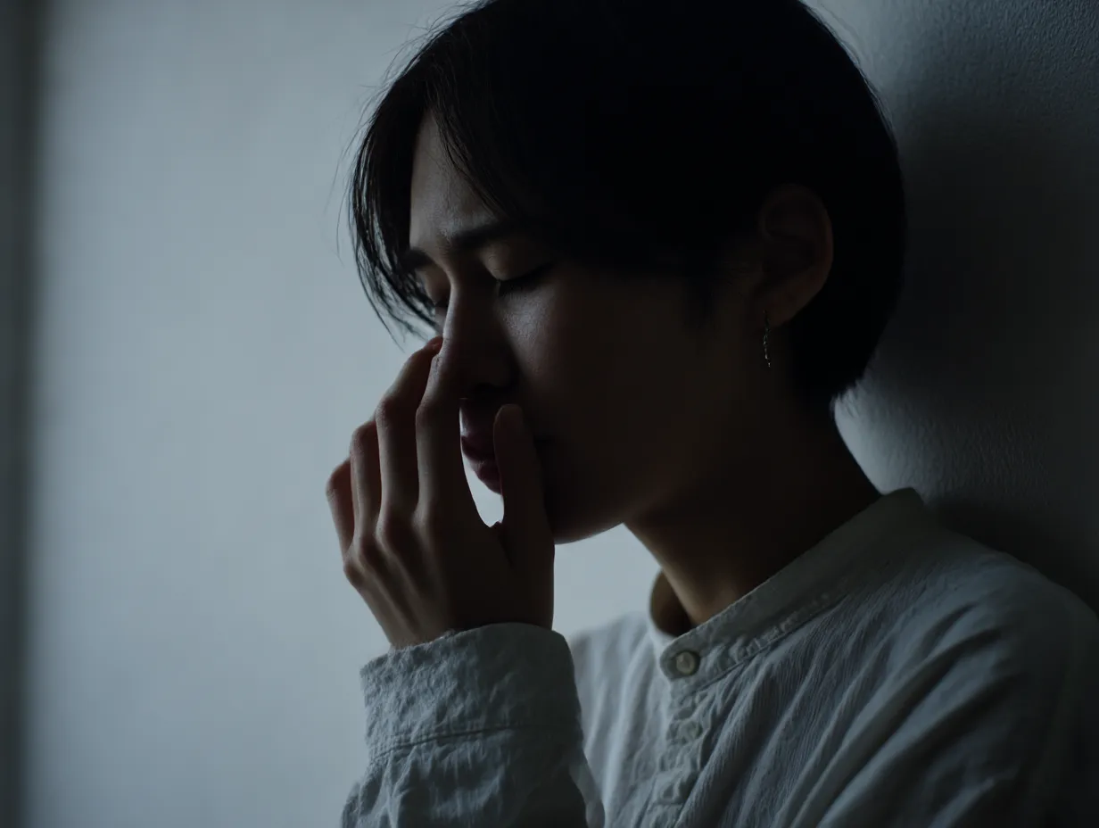 鼻痛い横顔｜横顔で鼻痛い仕草を見せる人物が、暗めの光に包まれている。モデルの片手が鼻に添えられたポーズが印象的で、陰影の強い画面構成が静かな苦しみを映し出している。