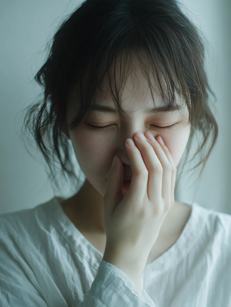 鼻痛い仕草｜鼻痛い仕草を見せる女性の姿が柔らかな光の中に捉えられている。モデルは片手で鼻を覆い、目を閉じるポーズが切なさを表現している。衣服と背景の淡い色調が透明感を強めている。