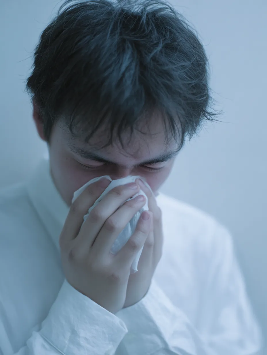鼻をかむ男性｜鼻をかむ男性の姿が青みを帯びた光に包まれて描かれている。モデルは白い衣服に身を包み、両手でティッシュを持つポーズが静かな切実さを感じさせる。柔らかな陰影が表情の奥行きを強めている。