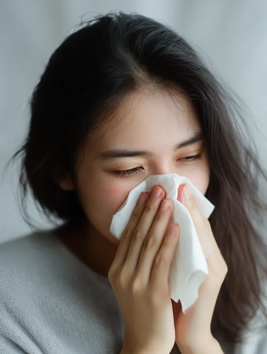 鼻をかむ女性｜鼻をかむ女性の仕草が自然に映し出されている。モデルの両手がティッシュを包み込むように添えられ、柔らかな光が髪の流れと肌の質感を引き立てている。清潔感のある色調が穏やかな印象を残している。