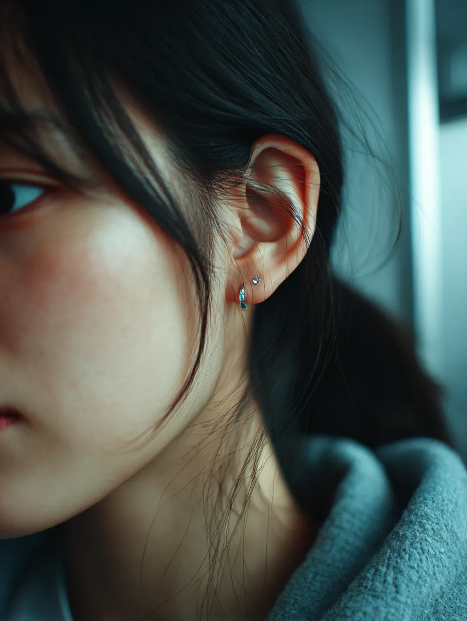 耳飾りの重なり｜女性の耳に複数の小さなピアスが並び、光を受けて控えめに煌めいている。髪の毛が自然に頬へ流れ、耳元の装飾がバランスよく存在感を放つ構図が印象的である。