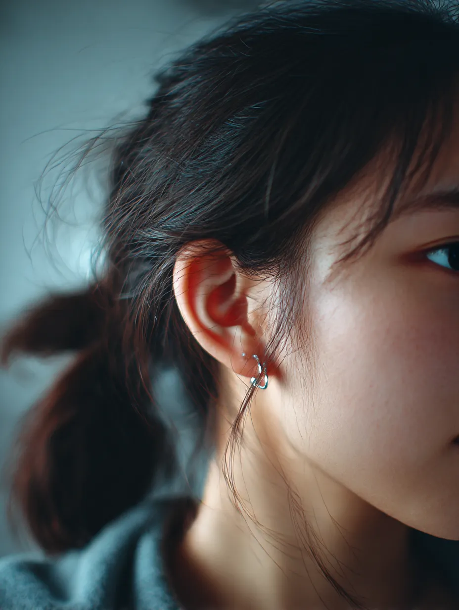 耳にかかる影｜女性の耳に銀色のピアスが揺れ、周囲の光を拾いながら存在を強めている。頬にかかる髪が耳の輪郭を部分的に隠し、柔らかな影と輝きの対比を見せている。