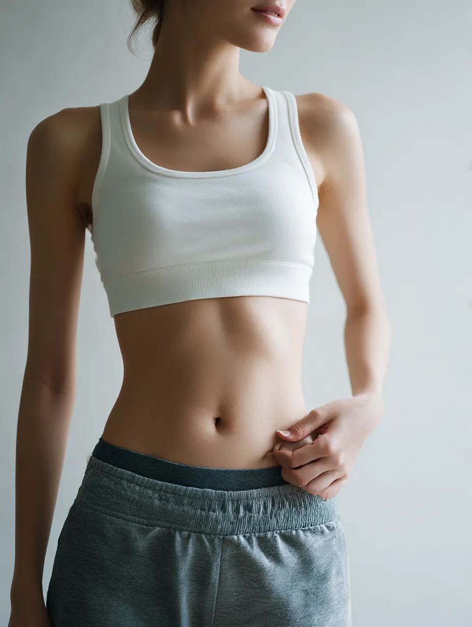 おなかを見せる瞬間｜白いスポーツブラとグレーのパンツでおなかを軽く見せる姿。自然光が肌の滑らかさを強調し、余裕ある仕草に柔らかい印象が漂う構図。