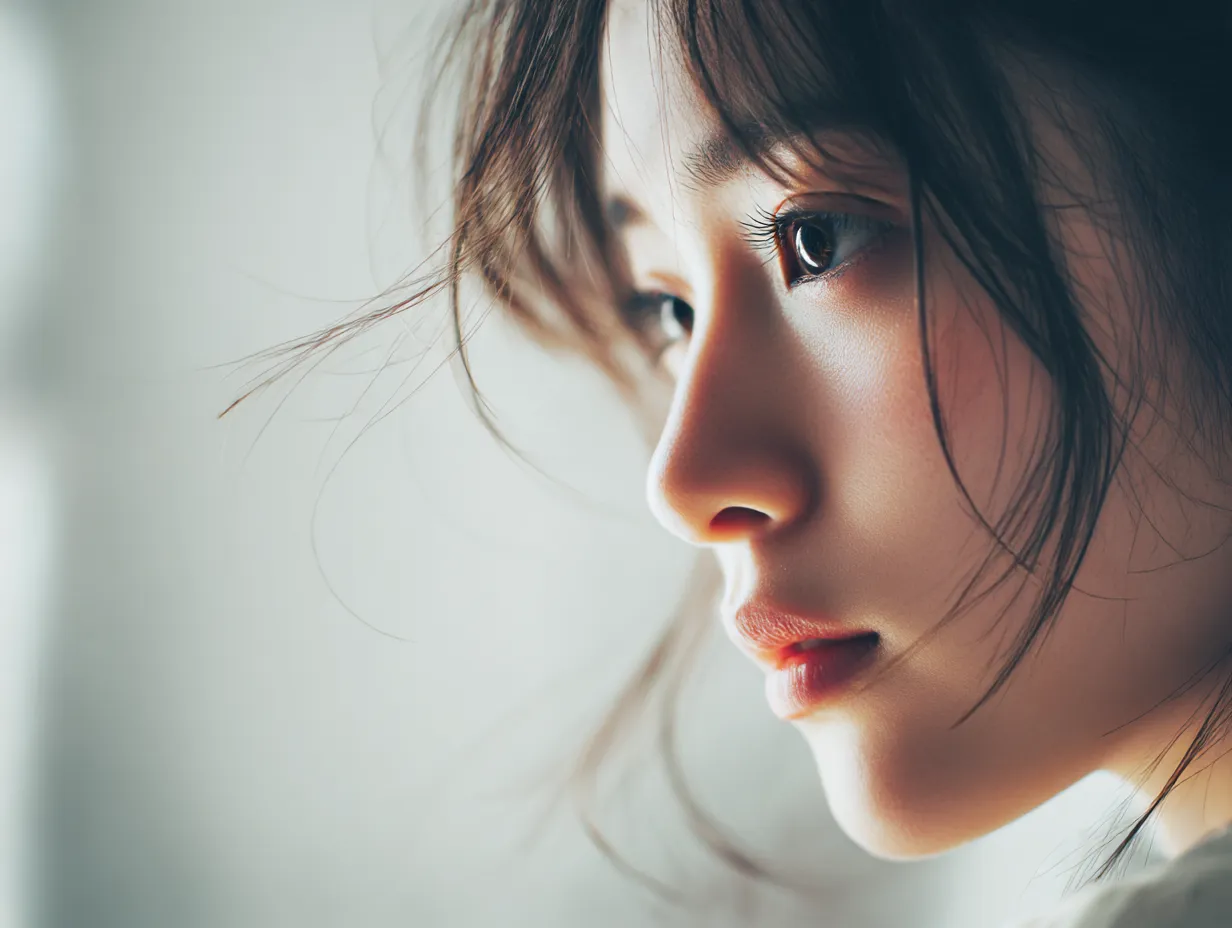 かわいい横顔の柔らかな視線｜視線の奥行きと光沢ある瞳が印象的なかわいい横顔は、髪の影と唇の赤みが対比を生み、柔らかな雰囲気を漂わせている。