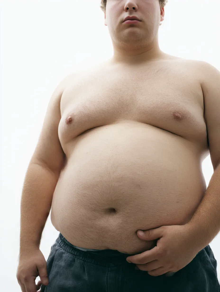 肥満と太ったおなか｜真正面からとらえた男性の太ったおなかが画面中央に据えられ、肥満の迫力が造形的に描かれる。肌の産毛や微妙な陰影が強調され、圧迫感と存在感を併せ持つ表現が際立っている。