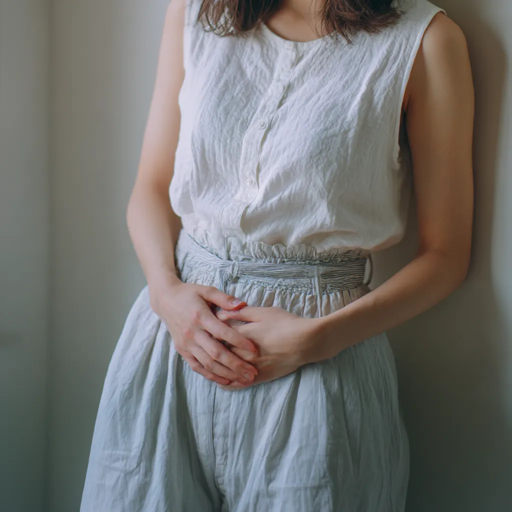 おなかがすく仕草｜おなかがすく瞬間を示すように、女性が両手を腹部に重ねる仕草が描かれる。自然光に透ける布の質感と控えめな姿勢が、空腹のさりげない感情表現を引き立てている。
