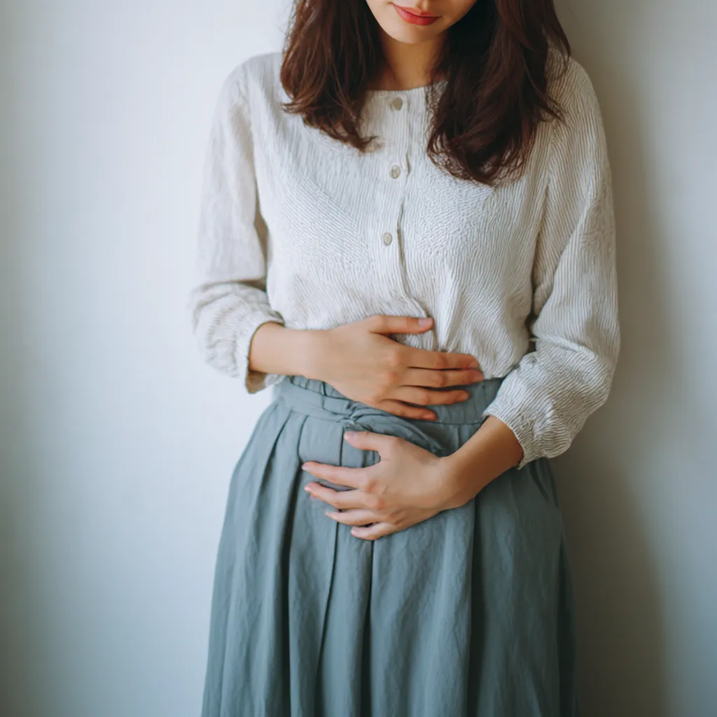おなかがすくとき｜女性が軽く前屈みになり、片手を腹に添える姿が描写される。おなかがすく表情と穏やかな色合いの服装が調和し、静かな内面の動きを感じさせる構図になっている。
