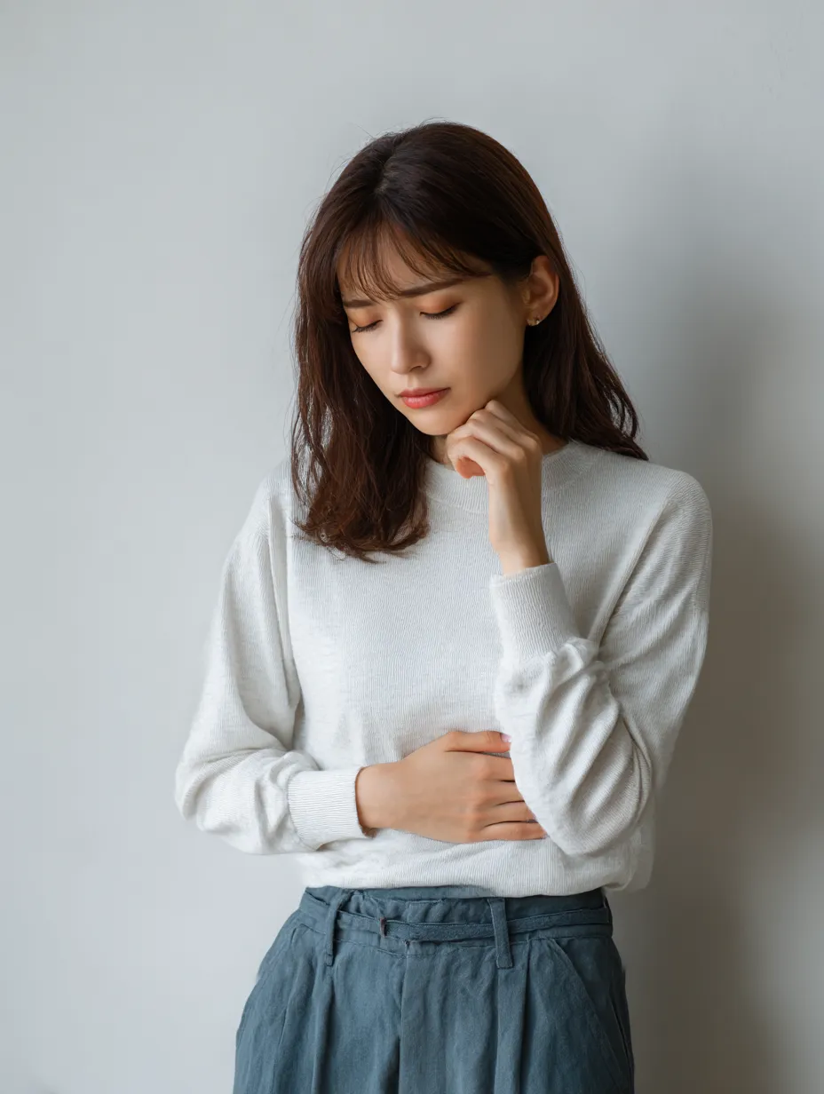 おなかがすく想い｜考え込むように目を伏せた女性が、おなかを片手で押さえる姿が印象的。おなかがすく感覚を視覚的に伝えるポーズで、落ち着いた色調の背景が感情の深さを強調している。