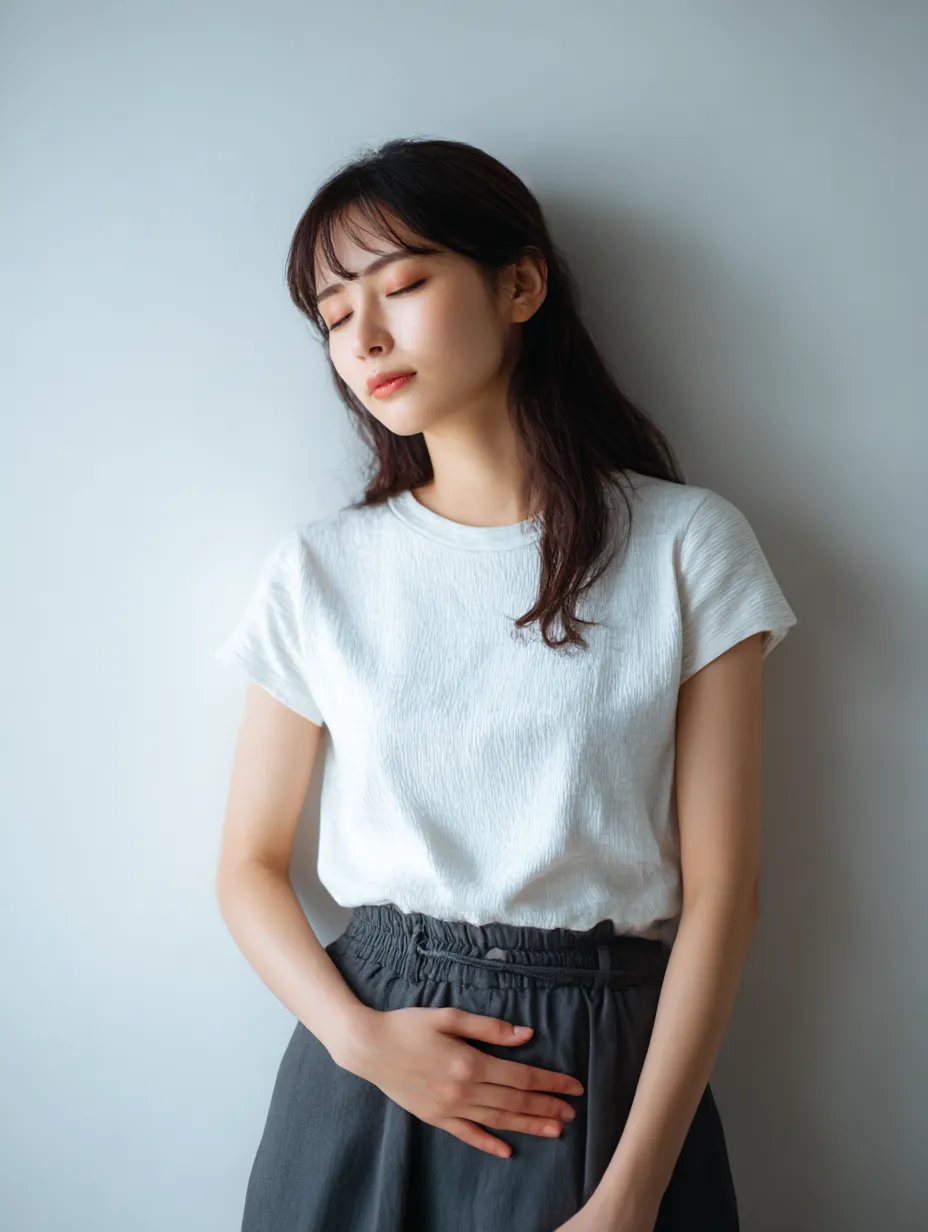 おなかがすく表情｜目を閉じて壁にもたれる女性が、片手を腹部に添える。おなかがすくことで生まれる静かな感情を表す姿勢で、柔らかな光と衣服の陰影が情感を際立たせている。