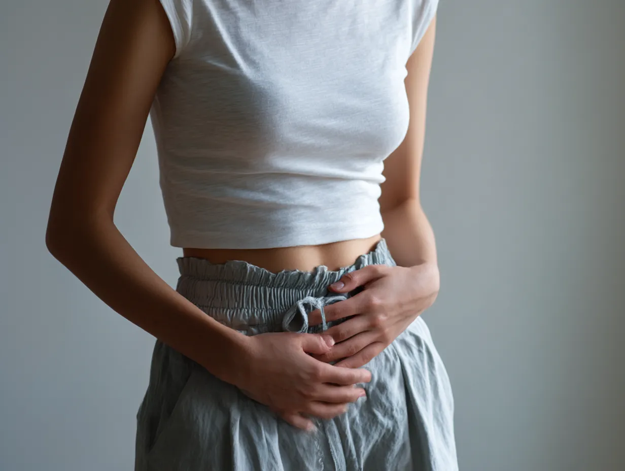 おなかがすくときの姿｜両手を腹部に重ねるポーズが強調され、おなかがすく心情を象徴的に示している。クロップ丈の服と高いウエストラインの対比が、構図に緊張感を与えている。