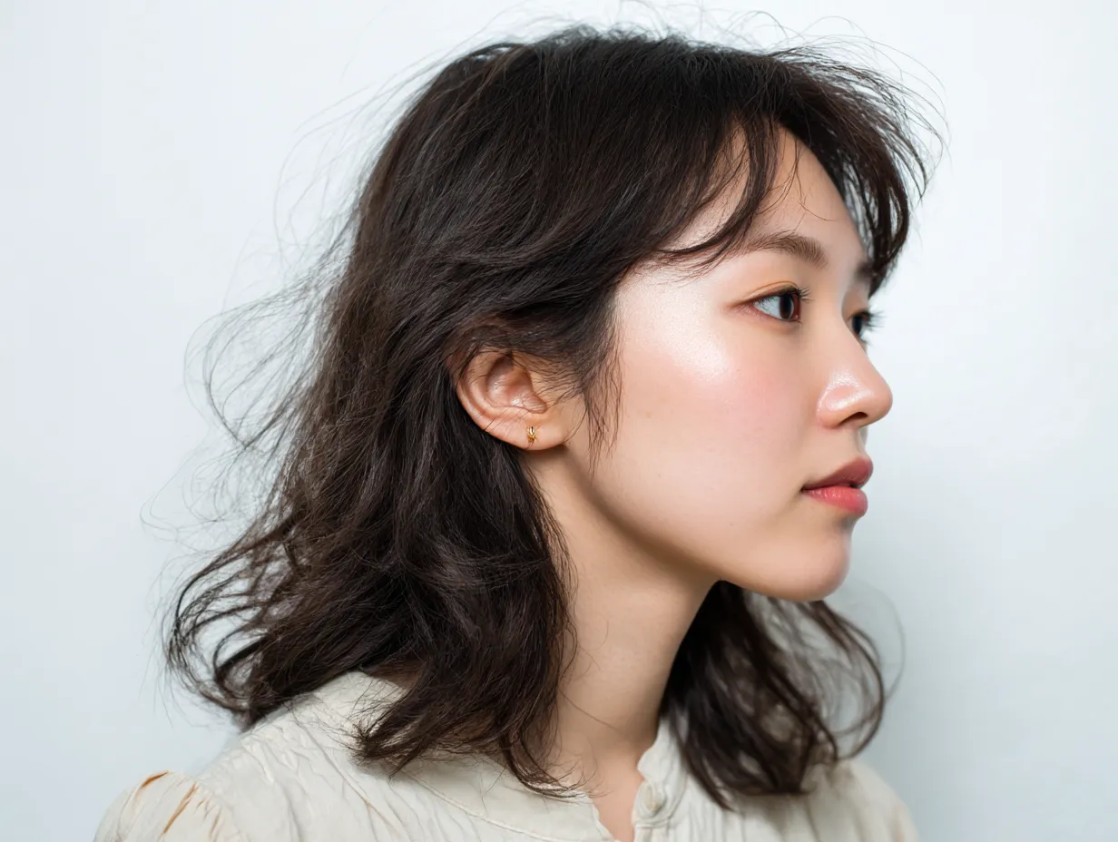 かわいい横顔の澄んだ光彩｜きらめく瞳と自然な肌の明るさが調和するかわいい横顔は、淡い衣装との組み合わせで清涼感のある澄んだ光彩を放っている。