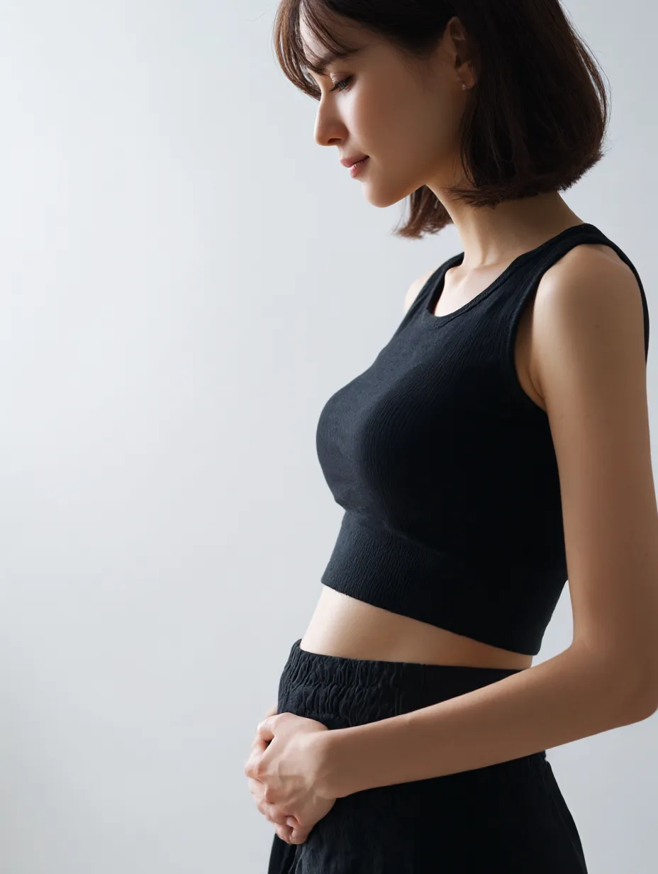 妊娠二ヶ月のおなかを抱く｜横向きのシルエットで映された女性が、両手をおなかに添えている。妊娠二ヶ月のおなかの控えめな膨らみが衣服とのコントラストで際立ち、静謐な印象を与える。