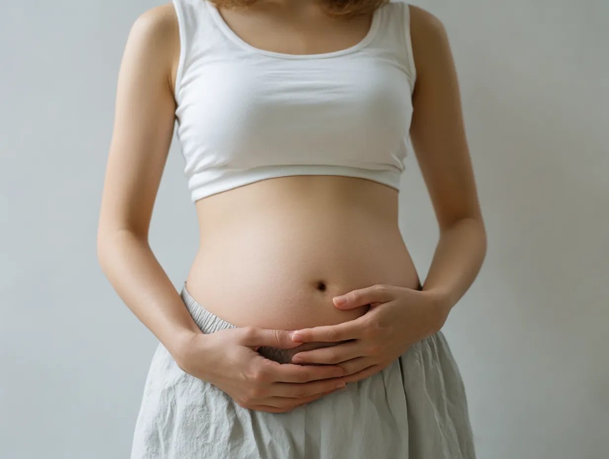 妊娠二ヶ月のおなか表現｜両手で下腹部を包み込む女性が中心に描かれ、妊娠二ヶ月のおなかの丸みを象徴的に示している。衣服の柔らかな質感と相まって、温かみある表情を形作っている。