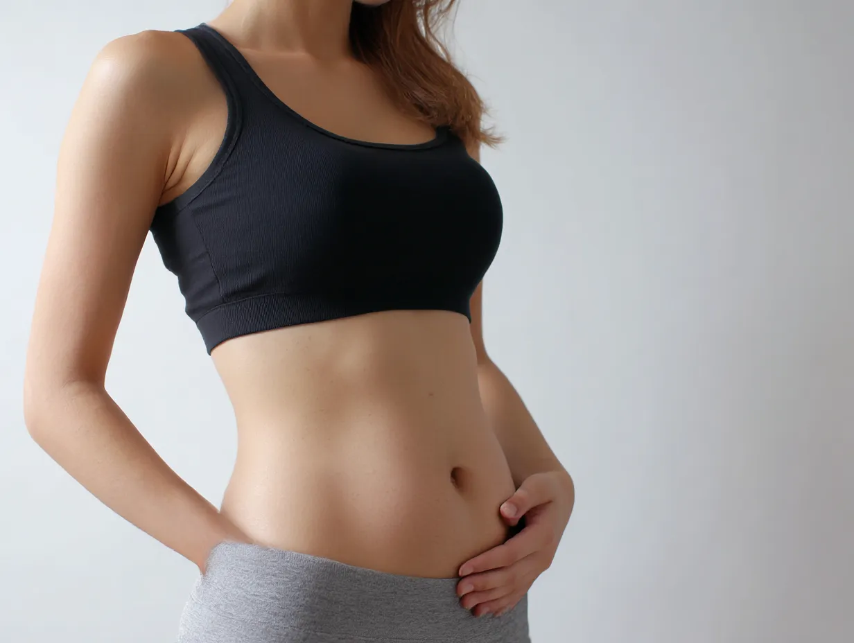 妊娠二ヶ月のおなかの輪郭｜スポーティーな装いの女性が腹部に手を添え、妊娠二ヶ月のおなかのラインを映す。引き締まった姿勢の中にわずかな変化が浮かび、生命の気配を表現している。