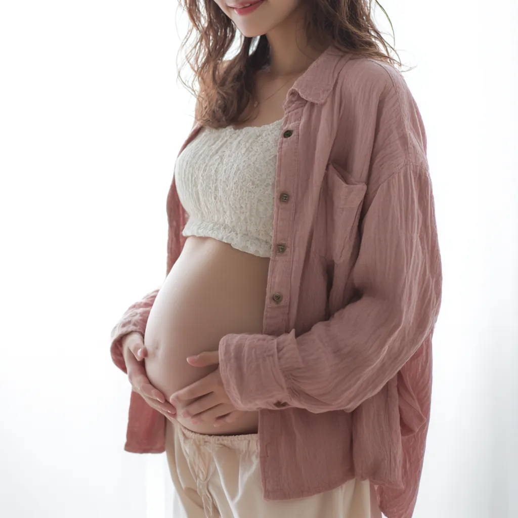 妊娠五ヶ月のおなかを抱く｜淡い光に包まれた女性が両手で妊娠五ヶ月のおなかを支える。柔らかな服地と丸みを帯びた腹部の輪郭が調和し、静かな幸福感を漂わせる。