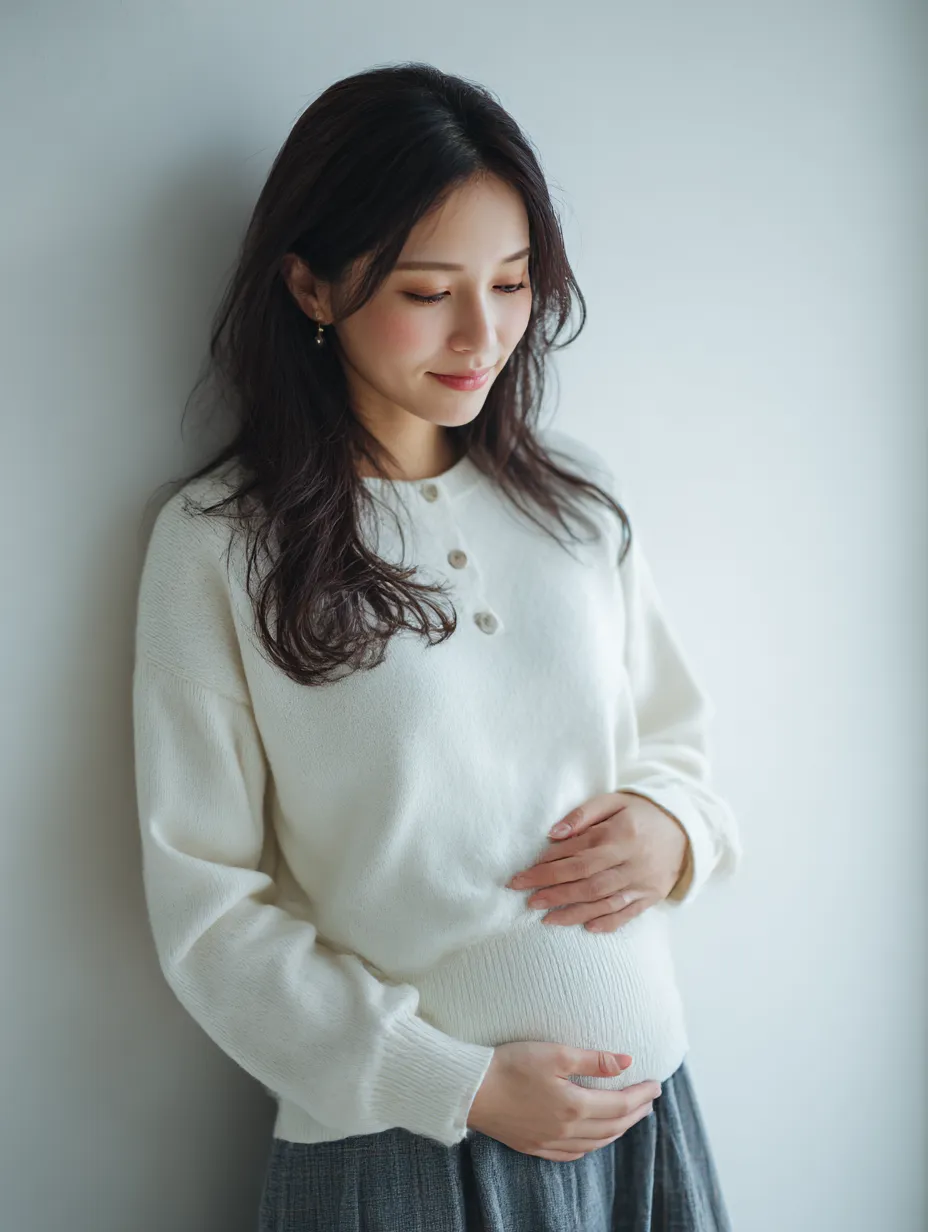 妊娠五ヶ月のおなかの微笑み｜壁際に立つ女性が微笑みながら腹部に手を添え、妊娠五ヶ月のおなかを示す。白い衣装と穏やかな表情が、温もりある情景を形作っている。