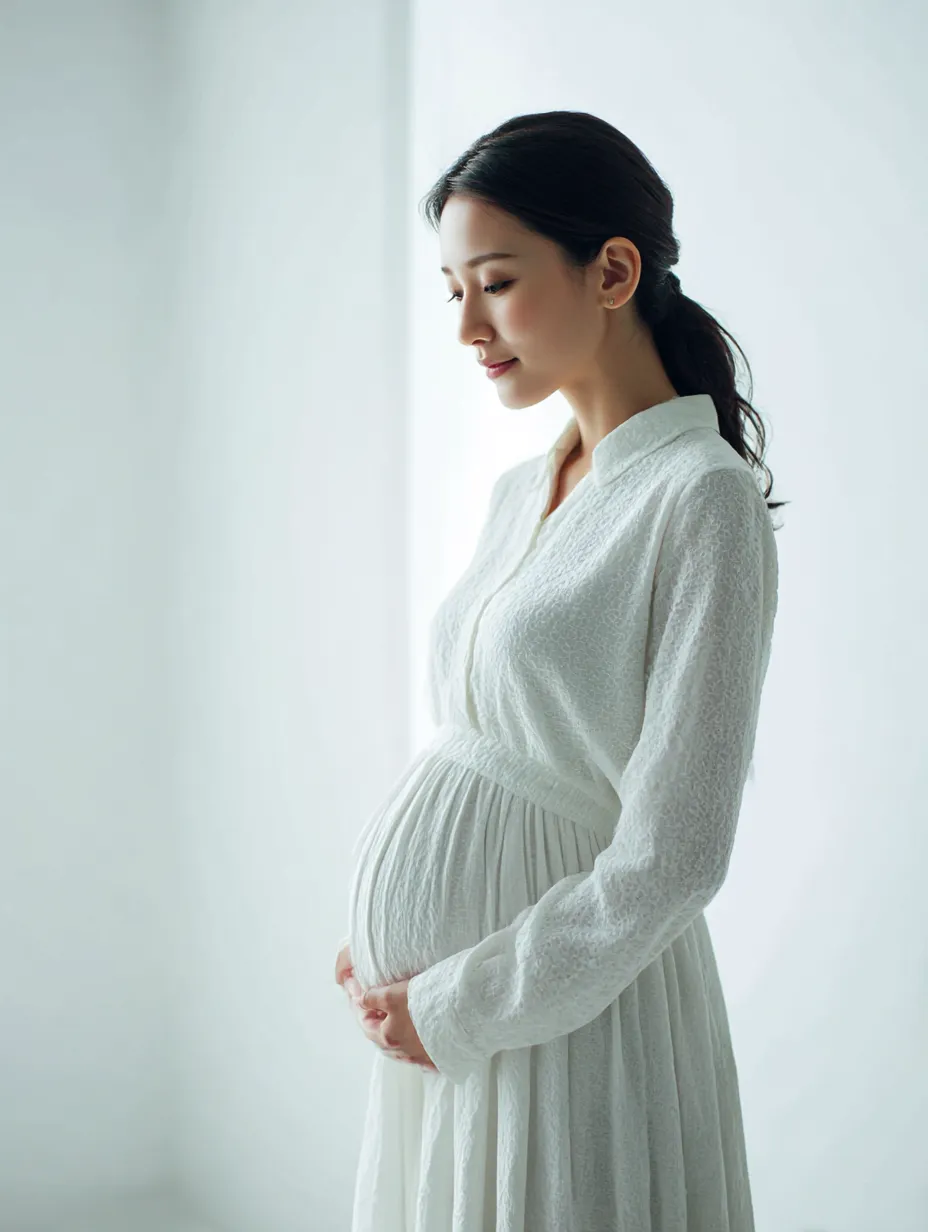 妊娠五ヶ月のおなかの横顔｜横向きに立つ女性のシルエットに、妊娠五ヶ月のおなかが丸みを帯びて浮かぶ。光に透ける衣装が透明感を強調し、母性を象徴的に表現している。