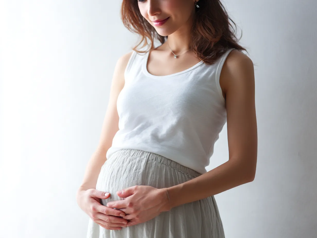 妊娠五ヶ月のおなかを包む手｜白いトップスの女性が両手を重ね、妊娠五ヶ月のおなかを優しく包む。静かな陰影と自然な微笑みが調和し、落ち着いた雰囲気を演出している。