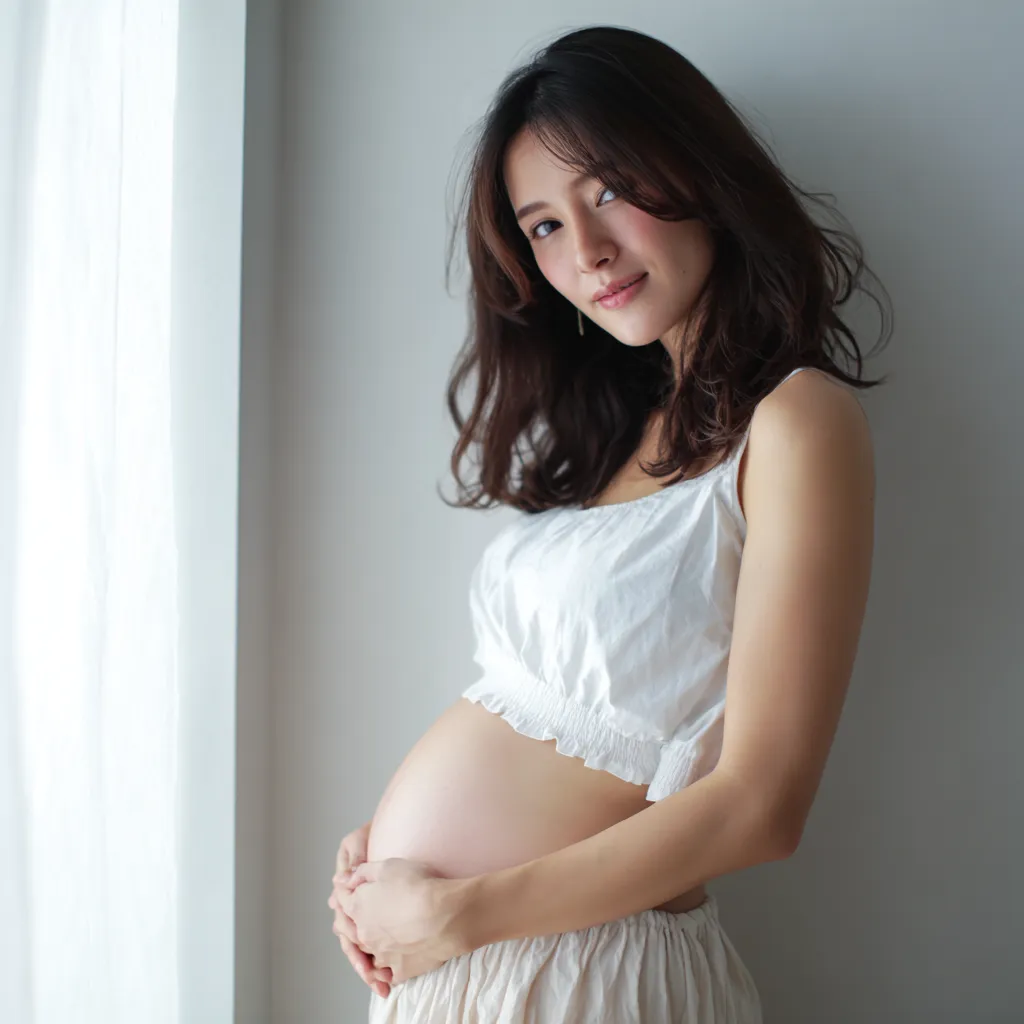 妊娠六ヶ月おなかの輝き｜妊娠六ヶ月のおなかを優しく抱える女性の姿が、窓辺の光に包まれた柔らかな質感で表現されている。穏やかな微笑みがテーマの温もりを際立たせている。