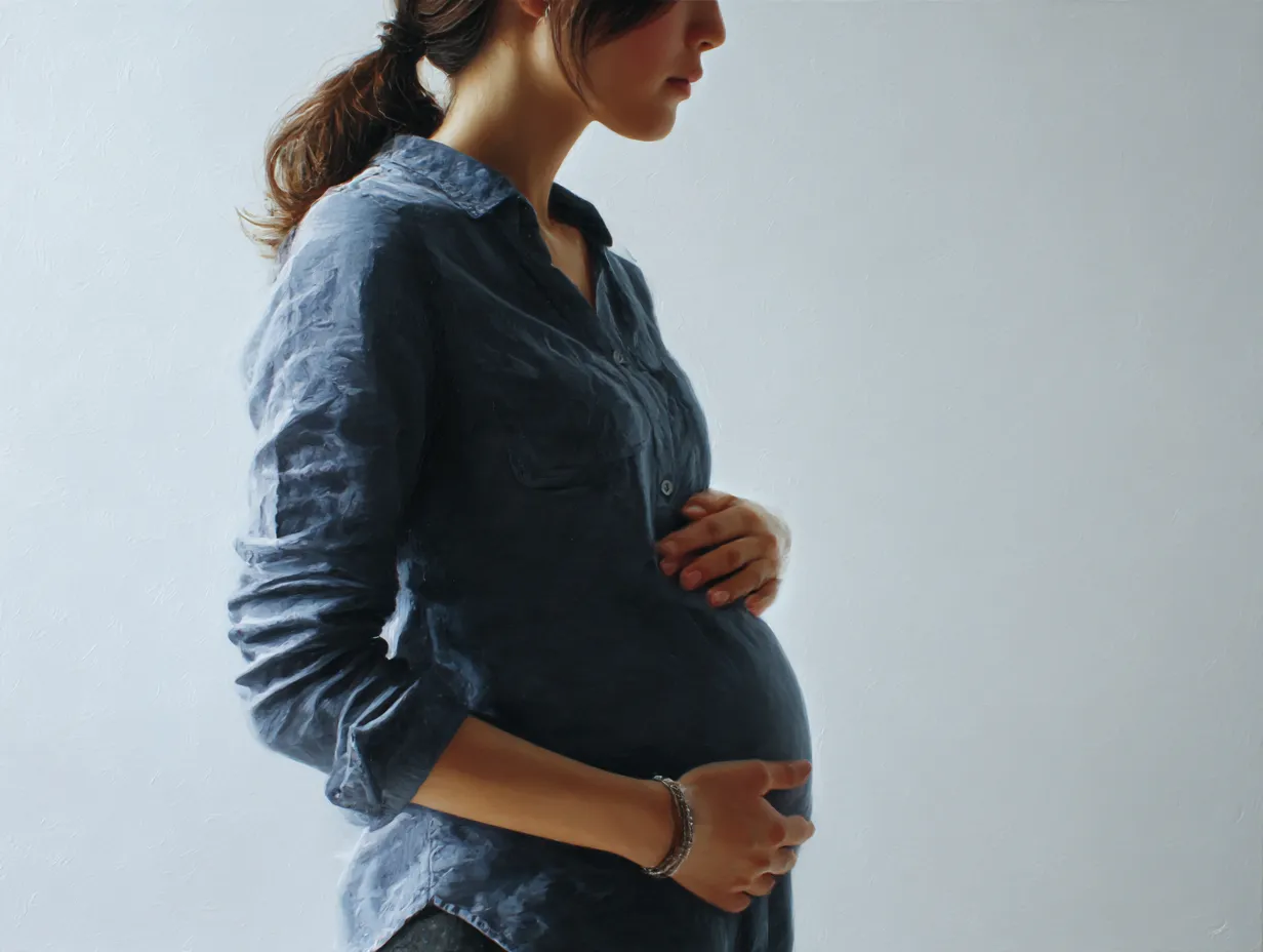 妊娠六ヶ月おなかの陰影｜妊娠六ヶ月のおなかに手を添えた横向きの女性が、落ち着いた色合いの服装と背景によって静謐な雰囲気を描き出している。影の奥行きが心情を深めている。