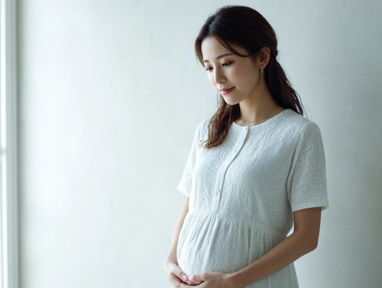 妊娠六ヶ月おなかの温もり｜妊娠六ヶ月のおなかを包み込む両手と柔らかな白いワンピースが、母性を象徴する静かな優しさを描き出している。淡い光により穏やかな情感が際立っている。