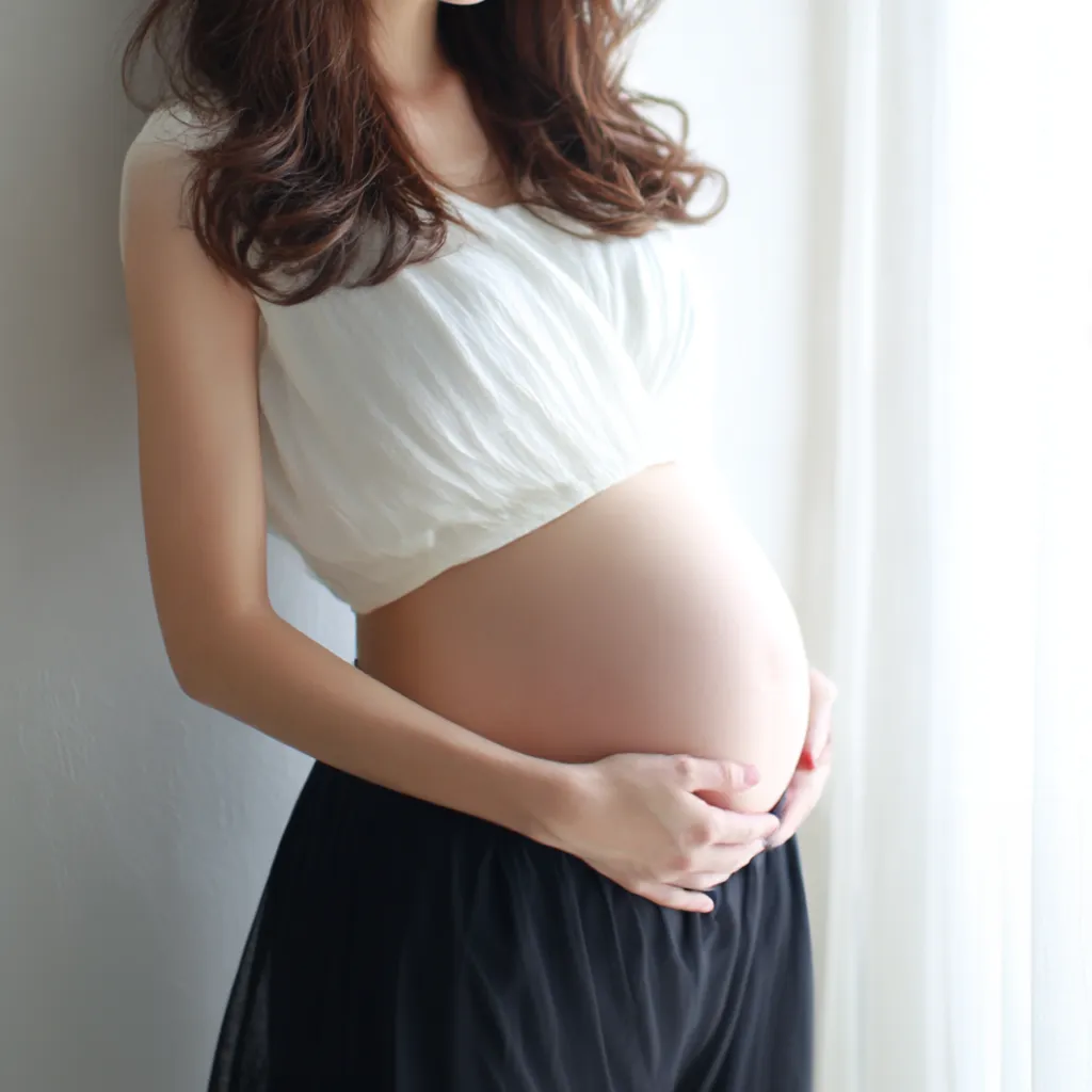 妊娠七ヶ月おなかの柔らかさ｜妊娠七ヶ月のおなかを両手で支える姿が印象的で、柔らかな光が肌の質感を引き立てている。黒いボトムとの対比が構図に静かな緊張感を与えている。