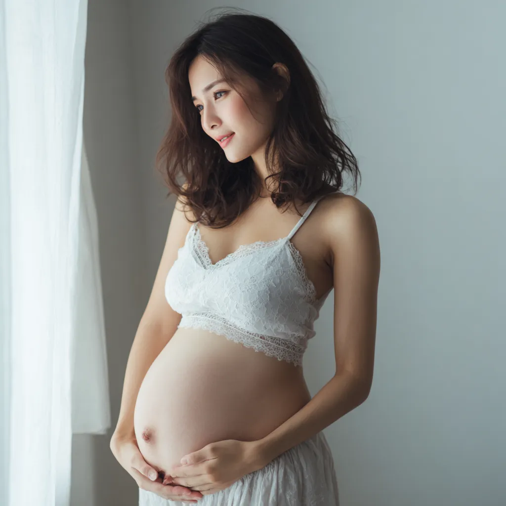 妊娠七ヶ月おなかの輝き｜妊娠七ヶ月のおなかを包み込む手と、窓からの自然光に照らされた表情が美しく調和し、安らぎと喜びを同時に伝えている。