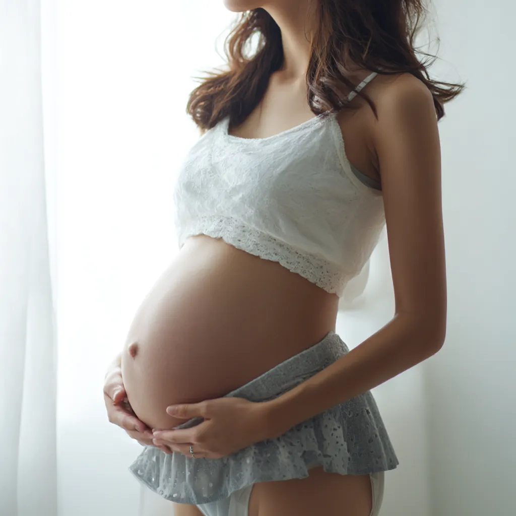妊娠七ヶ月おなかの丸み｜妊娠七ヶ月のおなかの丸みを強調するアングルで、レースの衣装が柔らかな質感を加え、母性の象徴として温かい印象を与えている。
