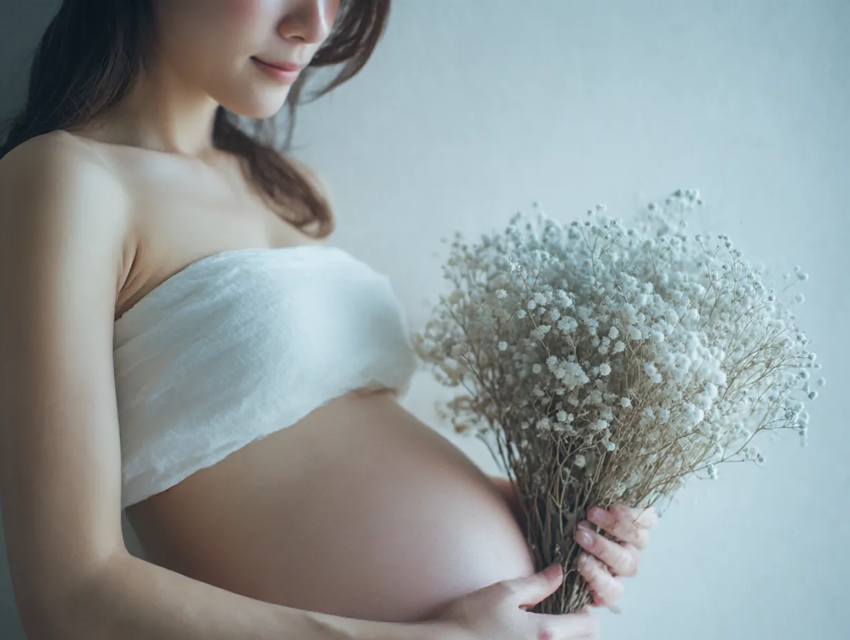 妊娠七ヶ月おなかと花束｜妊娠七ヶ月のおなかを両手で支えつつ抱える白い花束が、清らかで優しい雰囲気を生み、生命を祝福するような構図になっている。