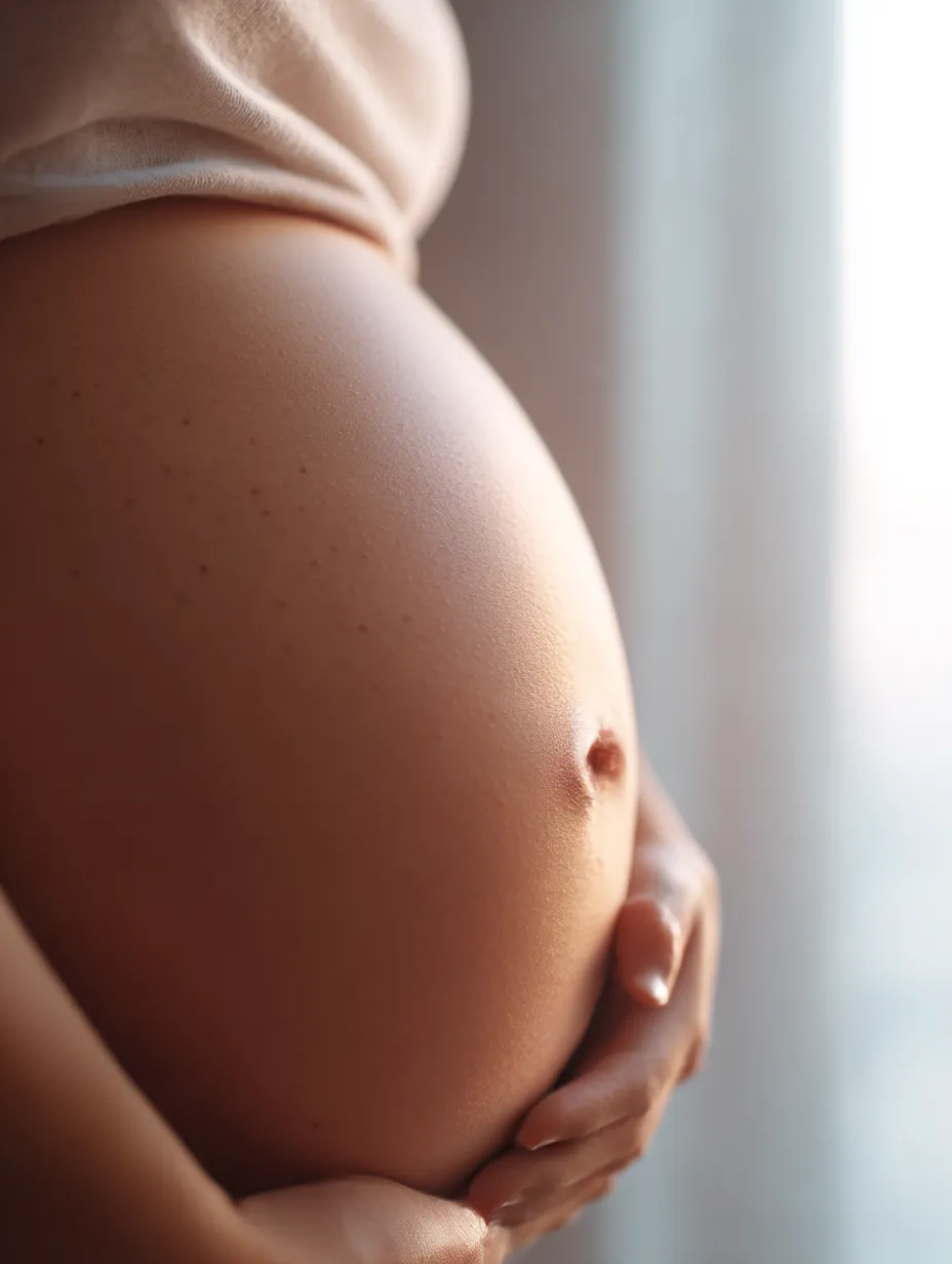 妊娠七ヶ月おなかの光彩｜妊娠七ヶ月のおなかをアップで捉え、光が肌をなでるように差し込むことで生命の鼓動を象徴し、シンプルながら力強い印象を残している。
