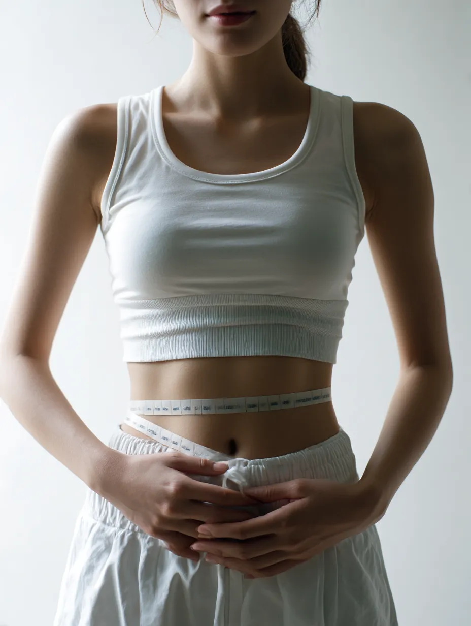 メジャーで測るくびれ｜体に巻かれたメジャーがくびれを明確に示し、女性の手の配置と衣装の白が均衡をつくる。ストイックな美意識が漂う構図。