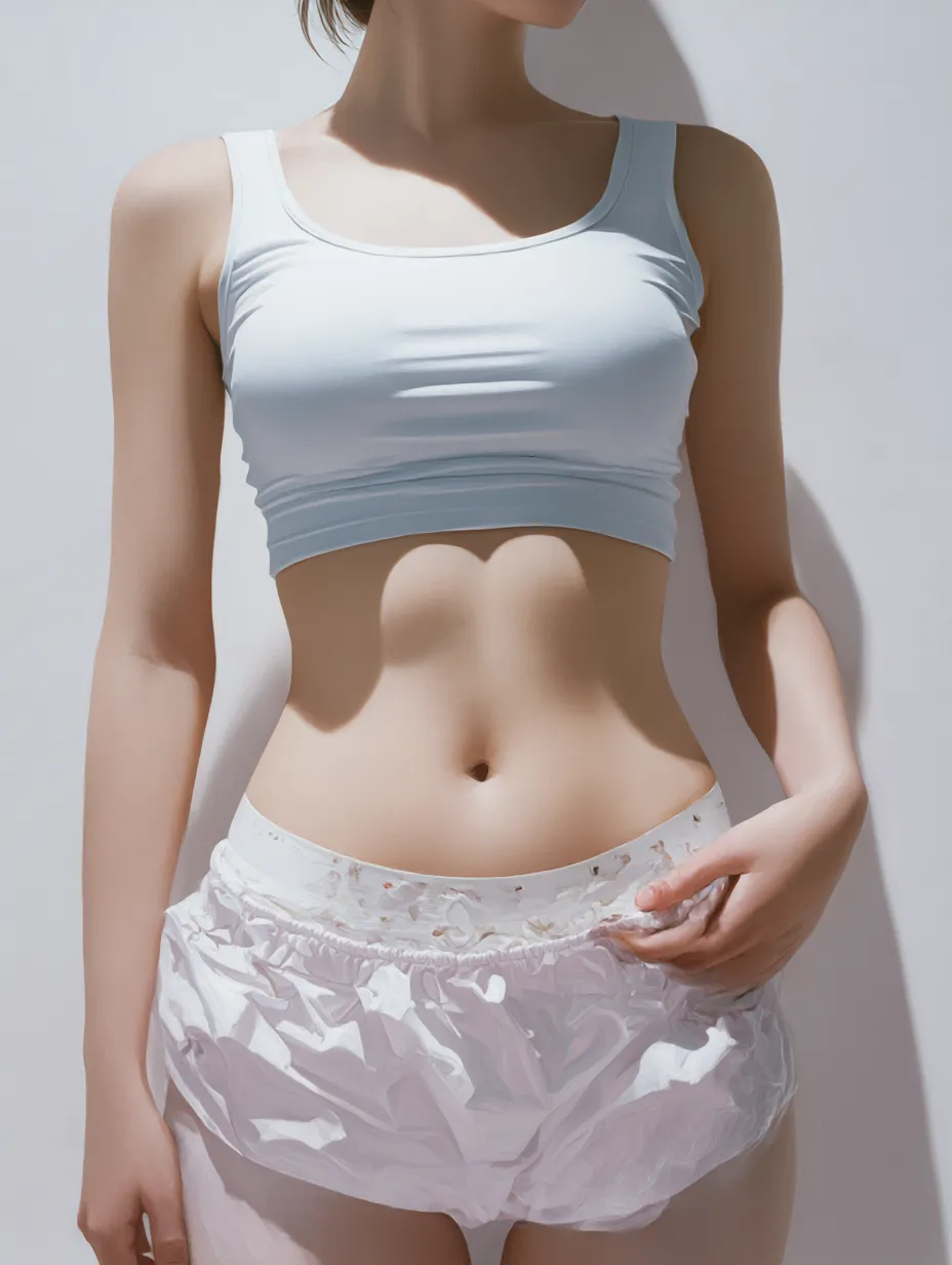 光に映えるくびれ｜強い光の中、白いトップスとショートパンツが肌を照らし、滑らかな曲線としてのくびれが浮かび上がる。光影の効果が際立つ一枚。