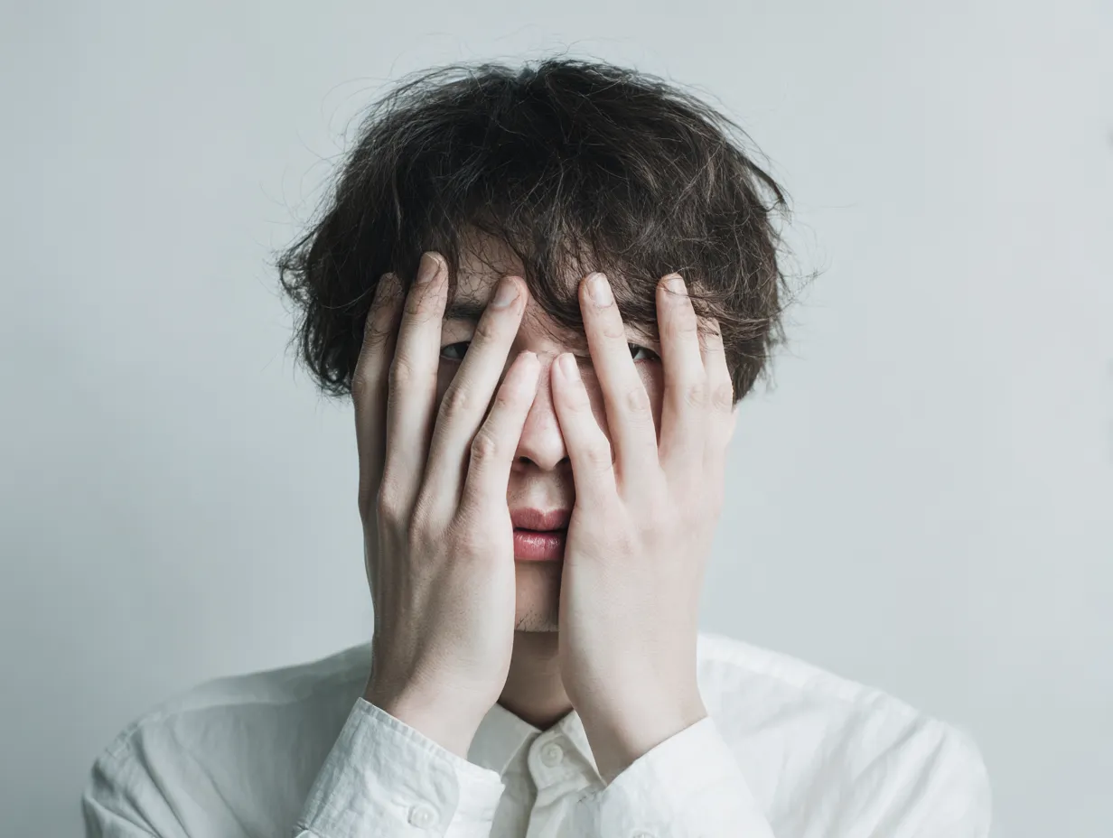 結び目に添う手｜腹部を際立たせる短いトップスに視線が集まり、紐を結ぶ手の動作が画面に緊張感を生む。指先の細やかな仕草が構図のアクセントとなっている。